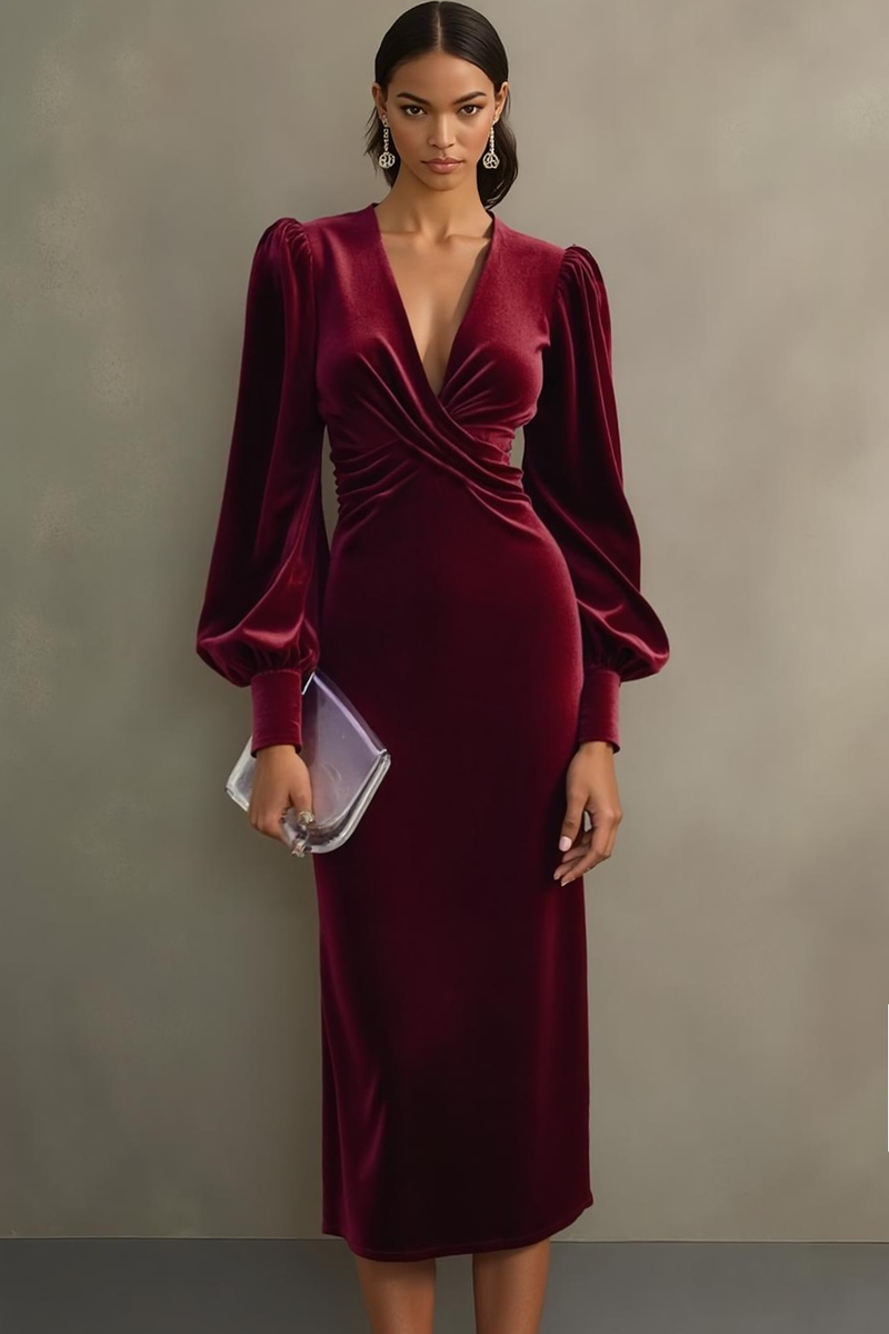 Laden Sie das Bild in den Galerie-Viewer, Leely Women Cabernet Sheath Velvet Formal Dress V-Neck Midi Holiday Party Dress with Sleeves
