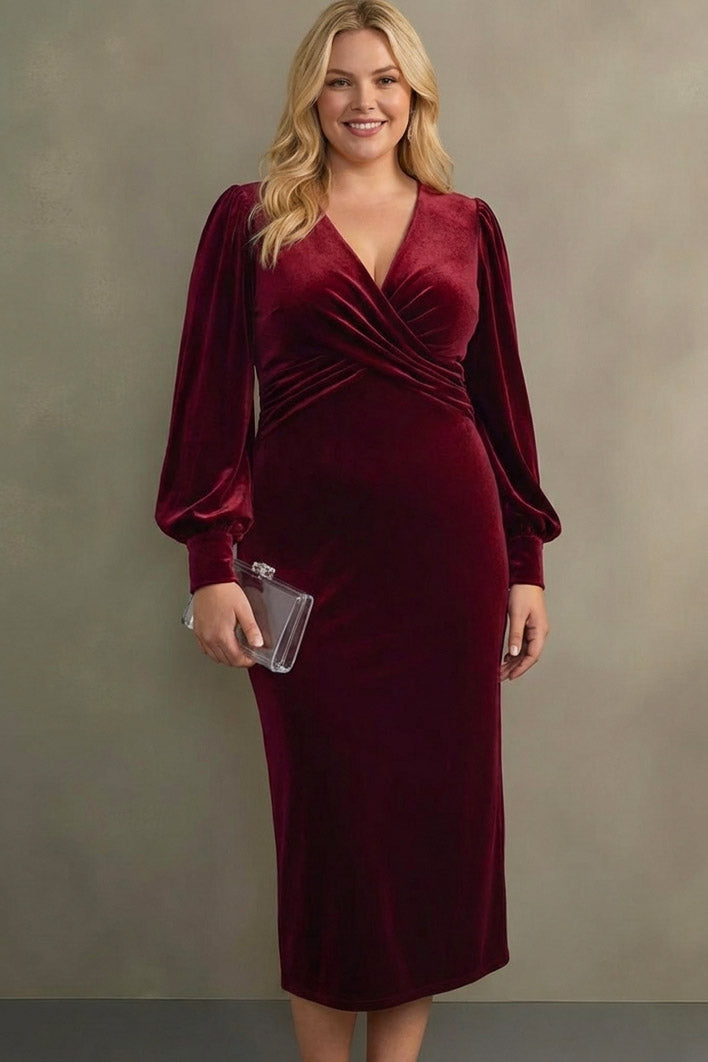 Laden Sie das Bild in den Galerie-Viewer, Cabernet Etuikleid V Ausschnitt Midi Samt Festliches Kleid
