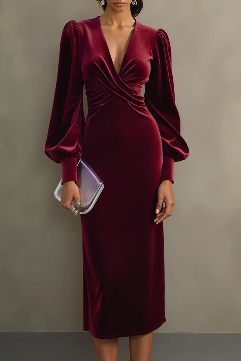 Laden Sie das Bild in den Galerie-Viewer, Cabernet Etuikleid V Ausschnitt Midi Samt Festliches Kleid