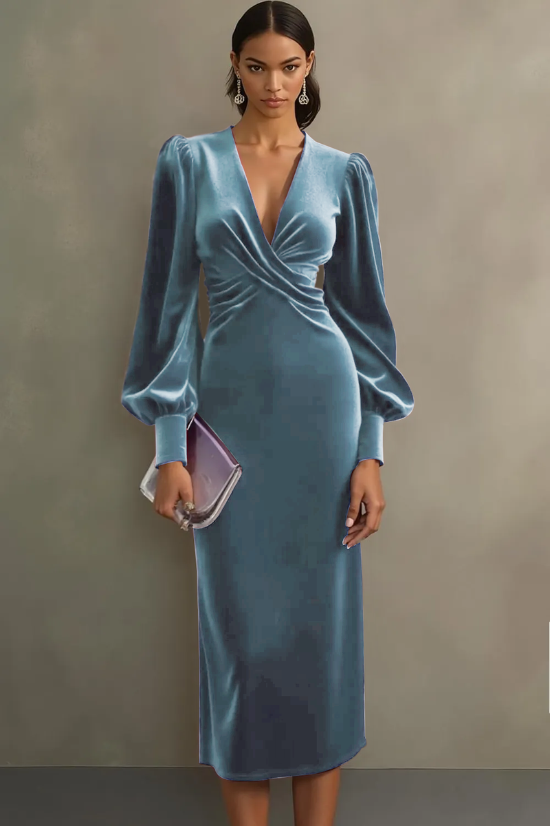 Laden Sie das Bild in den Galerie-Viewer, Cabernet Etuikleid V Ausschnitt Midi Samt Festliches Kleid
