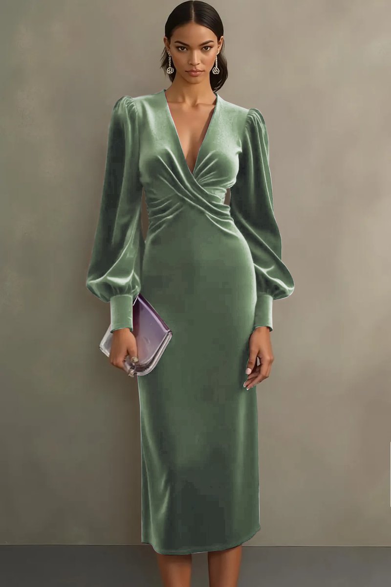 Laden Sie das Bild in den Galerie-Viewer, Cabernet Etuikleid V Ausschnitt Midi Samt Festliches Kleid