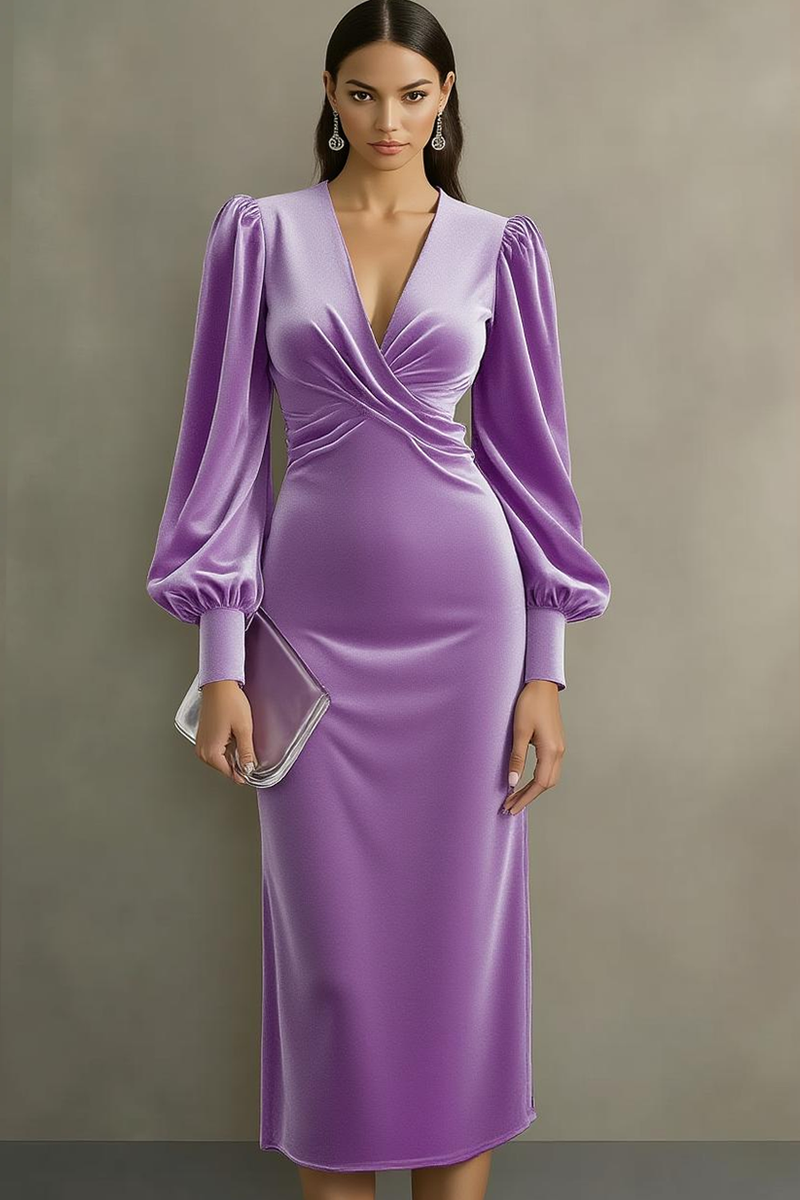 Laden Sie das Bild in den Galerie-Viewer, Cabernet Etuikleid V Ausschnitt Midi Samt Festliches Kleid
