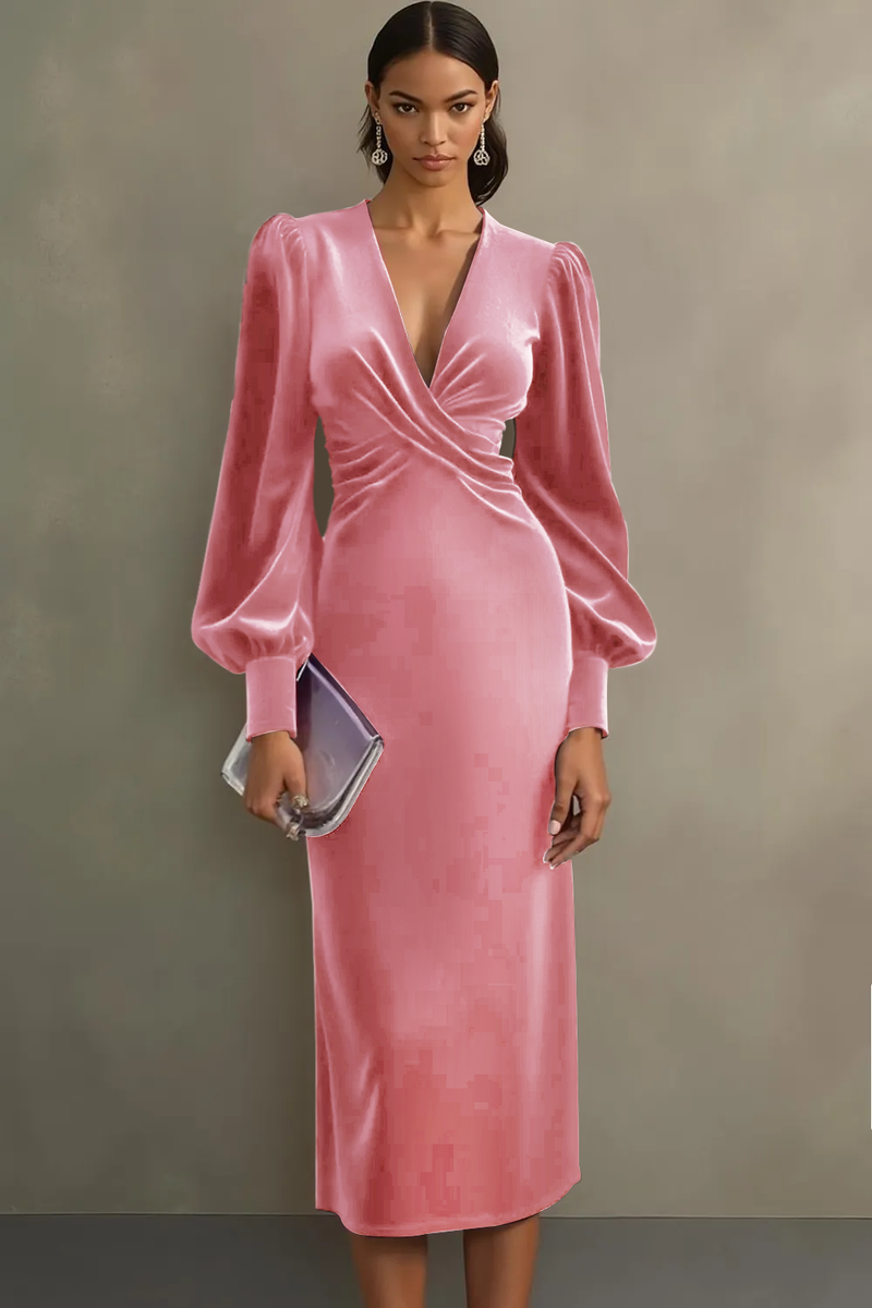 Laden Sie das Bild in den Galerie-Viewer, Cabernet Etuikleid V Ausschnitt Midi Samt Festliches Kleid