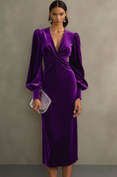 Laden Sie das Bild in den Galerie-Viewer, Cabernet Etuikleid V Ausschnitt Midi Samt Festliches Kleid