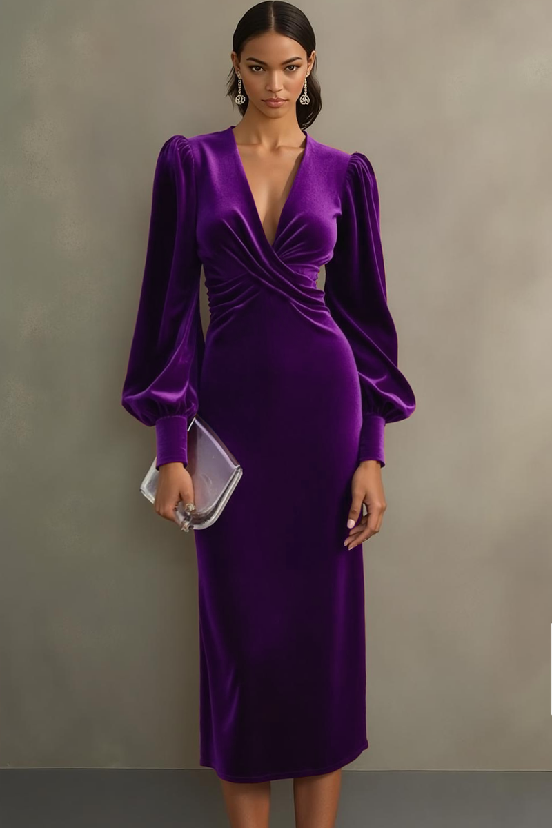 Laden Sie das Bild in den Galerie-Viewer, Cabernet Etuikleid V Ausschnitt Midi Samt Festliches Kleid