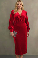 Laden Sie das Bild in den Galerie-Viewer, Cabernet Etuikleid V Ausschnitt Midi Samt Festliches Kleid