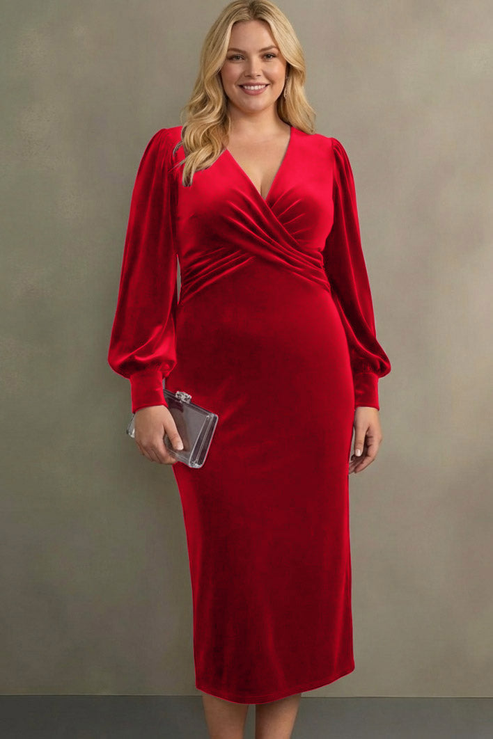 Laden Sie das Bild in den Galerie-Viewer, Cabernet Etuikleid V Ausschnitt Midi Samt Festliches Kleid