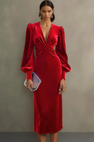 Laden Sie das Bild in den Galerie-Viewer, Cabernet Etuikleid V Ausschnitt Midi Samt Festliches Kleid