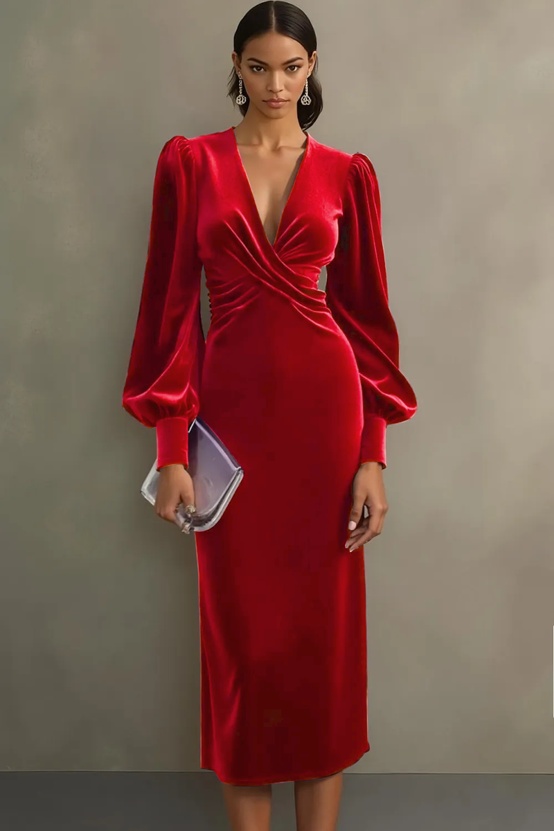 Laden Sie das Bild in den Galerie-Viewer, Cabernet Etuikleid V Ausschnitt Midi Samt Festliches Kleid
