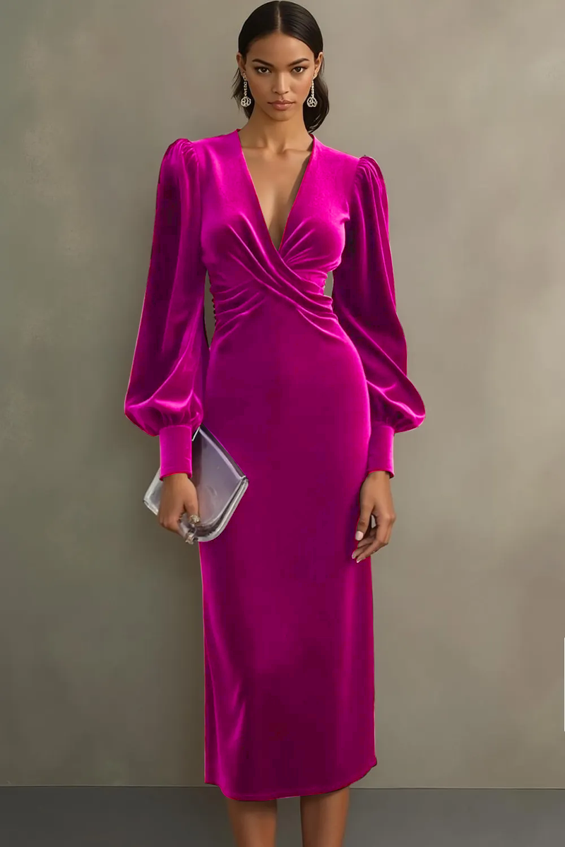 Laden Sie das Bild in den Galerie-Viewer, Cabernet Etuikleid V Ausschnitt Midi Samt Festliches Kleid