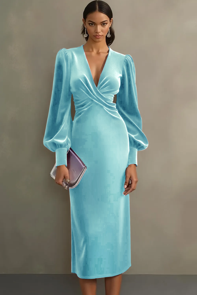 Laden Sie das Bild in den Galerie-Viewer, Cabernet Etuikleid V Ausschnitt Midi Samt Festliches Kleid