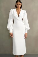 Laden Sie das Bild in den Galerie-Viewer, Leely Women White Sheath Velvet Work Dress V-Neck Midi Engagement Dress with Sleeves