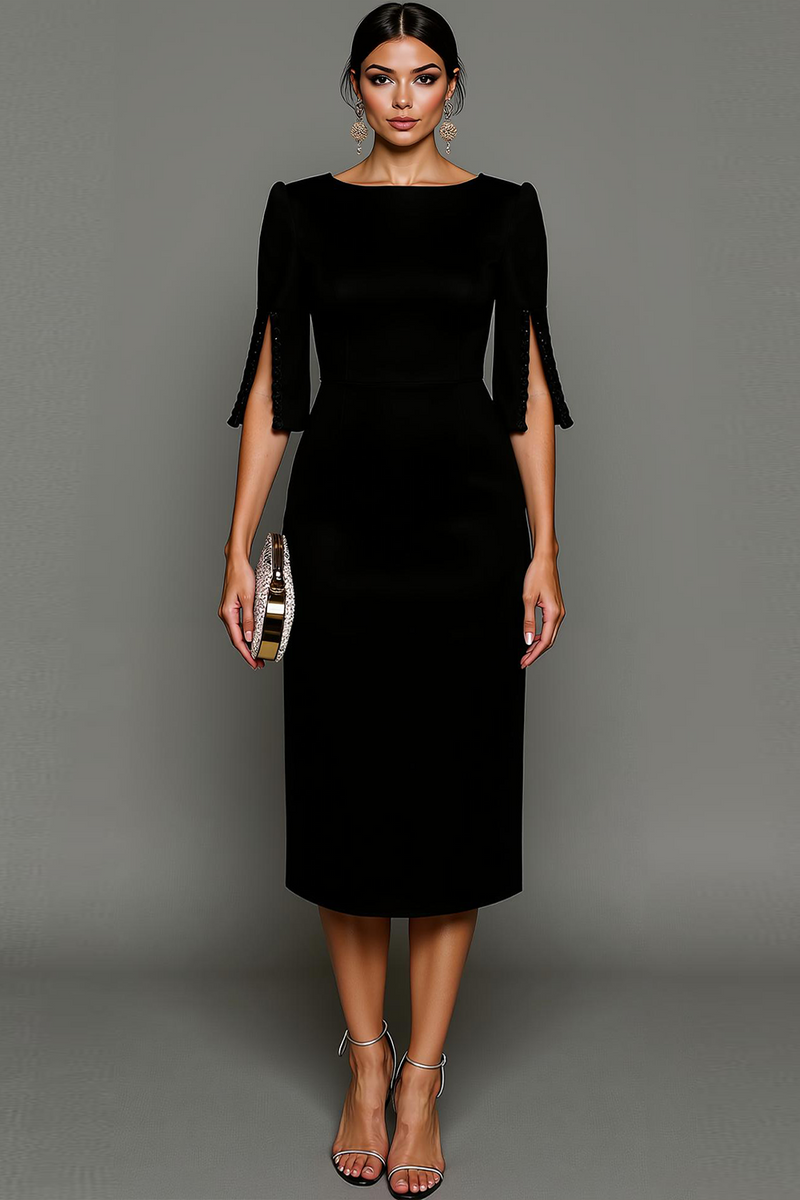 Laden Sie das Bild in den Galerie-Viewer, Leely Women Midi Black Formal Dress Sheath Bateau Neck Work Dress with Sleeves Alternative Wedding Guest Dress Formal Wedding Guest Dress Occasion Dress