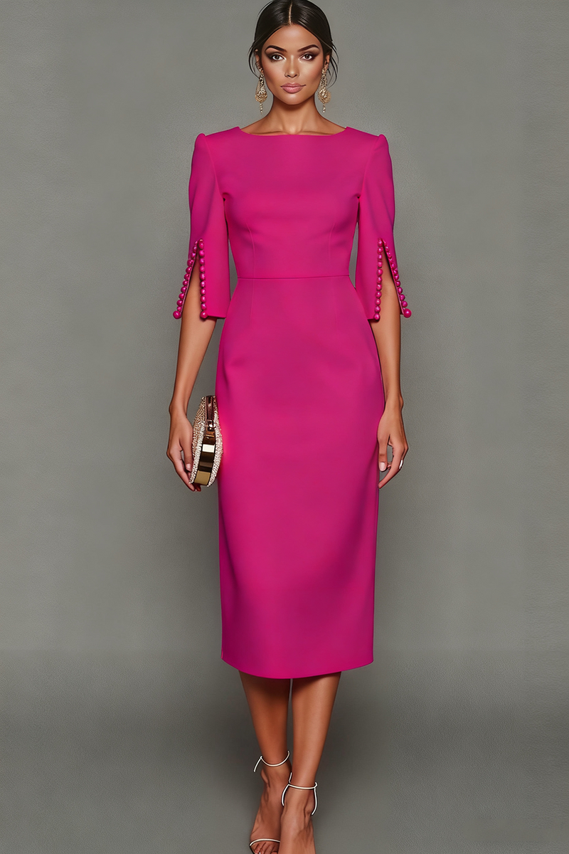 Laden Sie das Bild in den Galerie-Viewer, Leely Women Midi Fuchsia Formal Dress Sheath Bateau Neck Work Dress with Sleeves Alternative Wedding Guest Dress Formal Wedding Guest Dress Occasion Dress