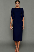 Laden Sie das Bild in den Galerie-Viewer, Leely Women Midi Navy Formal Dress Sheath Bateau Neck Work Dress with Sleeves Alternative Wedding Guest Dress Formal Wedding Guest Dress Occasion Dress