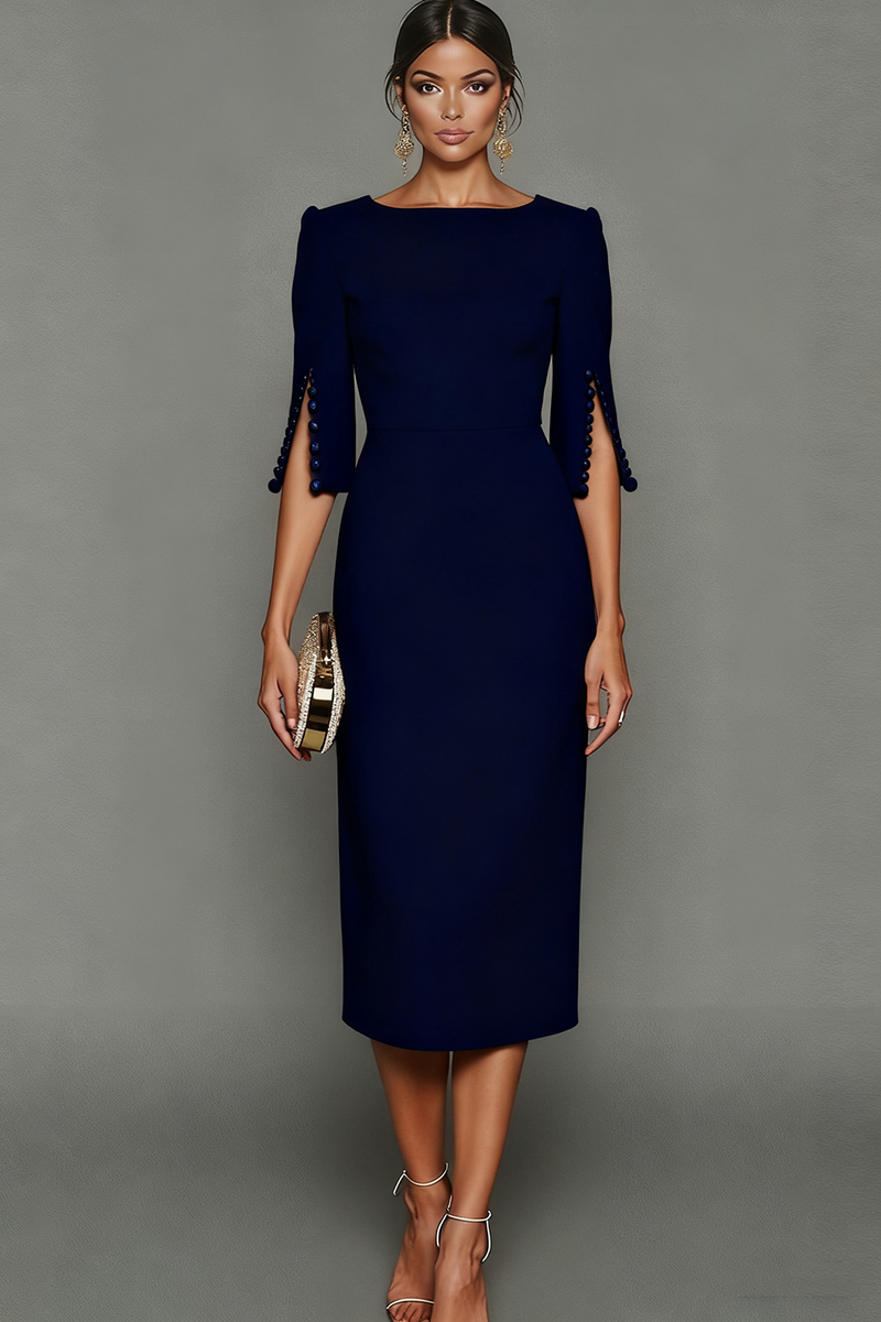 Laden Sie das Bild in den Galerie-Viewer, Leely Women Midi Navy Formal Dress Sheath Bateau Neck Work Dress with Sleeves Alternative Wedding Guest Dress Formal Wedding Guest Dress Occasion Dress