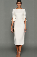 Laden Sie das Bild in den Galerie-Viewer, Leely Women Midi White Formal Dress Sheath Bateau Neck Work Dress with Sleeves Alternative Wedding Guest Dress Formal Wedding Guest Dress Occasion Dress