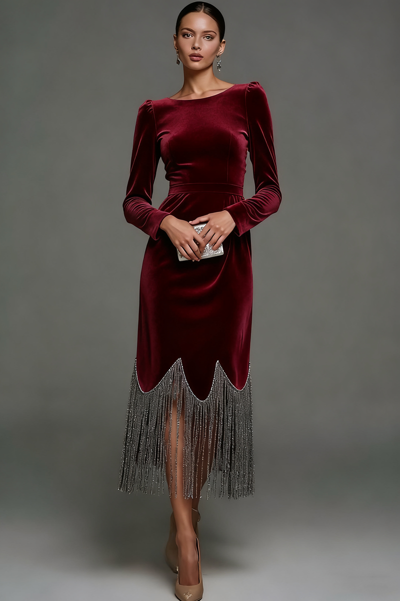 Laden Sie das Bild in den Galerie-Viewer, Dunkelblau Samt Maxi Etuikleid Festliches Kleid mit Quaste