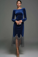 Laden Sie das Bild in den Galerie-Viewer, Dunkelblau Samt Maxi Etuikleid Festliches Kleid mit Quaste