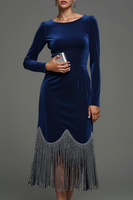 Laden Sie das Bild in den Galerie-Viewer, Dunkelblau Samt Maxi Etuikleid Festliches Kleid mit Quaste