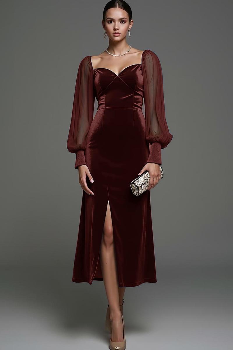 Laden Sie das Bild in den Galerie-Viewer, Marineblau Etuikleid Samt Midi Festliches Kleid mit Schlitz
