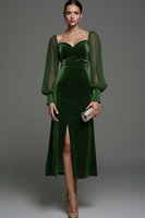 Laden Sie das Bild in den Galerie-Viewer, Leely Women Dark Green Velvet Midi Formal Dress with Slit Sheath Long Sleeves Holiday Party Dress