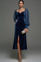 Laden Sie das Bild in den Galerie-Viewer, Leely Women Navy Velvet Midi Formal Dress with Slit Sheath Long Sleeves Holiday Party Dress