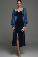 Laden Sie das Bild in den Galerie-Viewer, Marineblau Etuikleid Samt Midi Festliches Kleid mit Schlitz