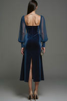 Laden Sie das Bild in den Galerie-Viewer, Marineblau Etuikleid Samt Midi Festliches Kleid mit Schlitz