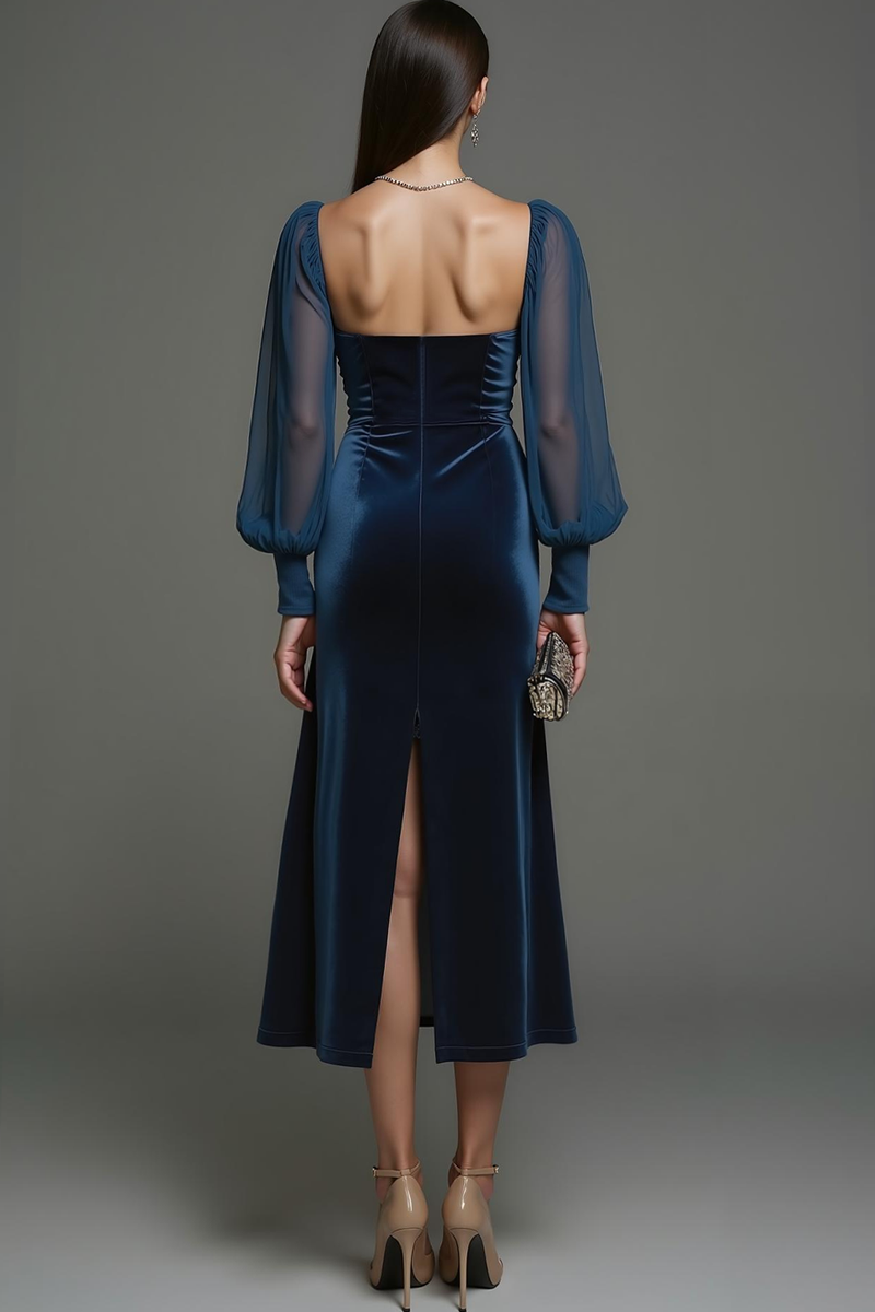 Laden Sie das Bild in den Galerie-Viewer, Marineblau Etuikleid Samt Midi Festliches Kleid mit Schlitz