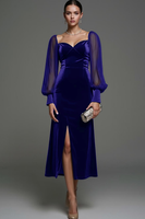Laden Sie das Bild in den Galerie-Viewer, Marineblau Etuikleid Samt Midi Festliches Kleid mit Schlitz
