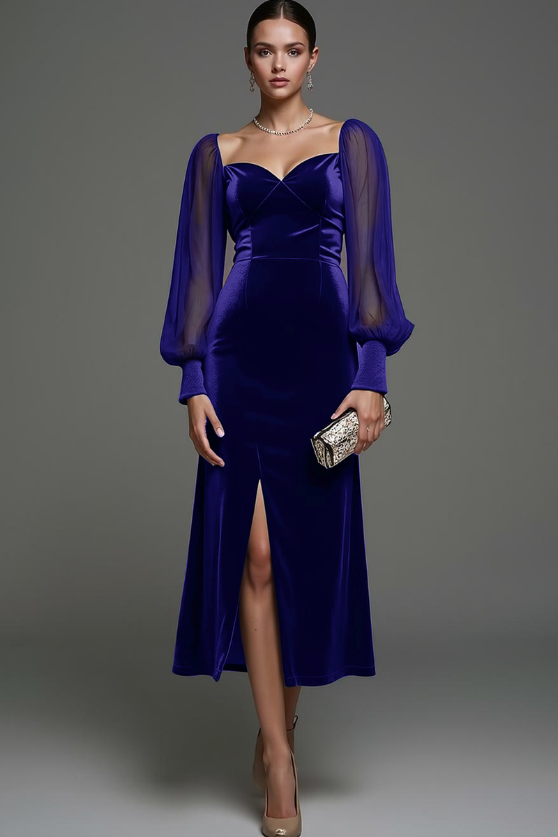 Laden Sie das Bild in den Galerie-Viewer, Marineblau Etuikleid Samt Midi Festliches Kleid mit Schlitz