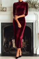 Laden Sie das Bild in den Galerie-Viewer, Dunkelgrün Samt Hochgeschlossener Ausschnitt Etuikleid Langes Festliches Kleid mit Ärmeln