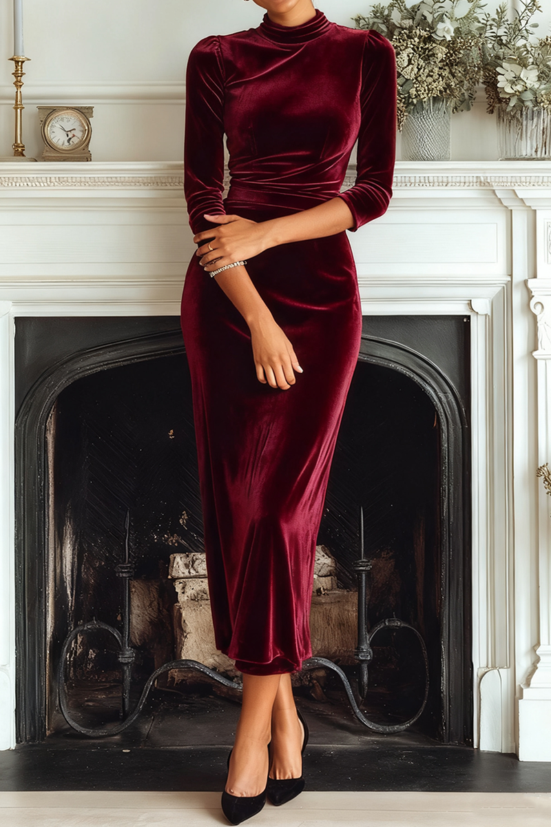 Laden Sie das Bild in den Galerie-Viewer, Dunkelgrün Samt Hochgeschlossener Ausschnitt Etuikleid Langes Festliches Kleid mit Ärmeln