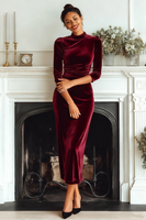 Laden Sie das Bild in den Galerie-Viewer, Dunkelgrün Samt Hochgeschlossener Ausschnitt Etuikleid Langes Festliches Kleid mit Ärmeln