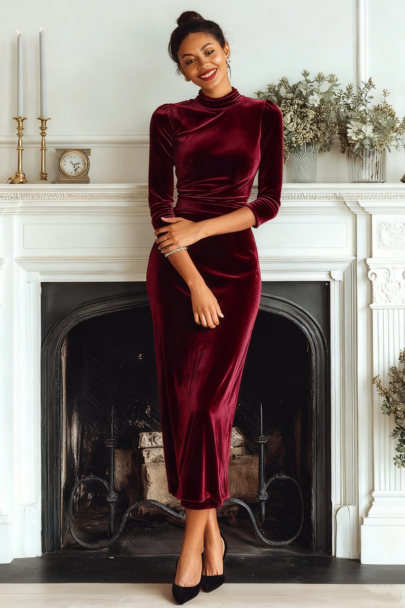 Laden Sie das Bild in den Galerie-Viewer, Dunkelgrün Samt Hochgeschlossener Ausschnitt Etuikleid Langes Festliches Kleid mit Ärmeln