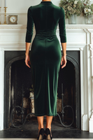 Laden Sie das Bild in den Galerie-Viewer, Dunkelgrün Samt Hochgeschlossener Ausschnitt Etuikleid Langes Festliches Kleid mit Ärmeln