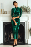 Laden Sie das Bild in den Galerie-Viewer, Dunkelgrün Samt Hochgeschlossener Ausschnitt Etuikleid Langes Festliches Kleid mit Ärmeln