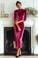 Laden Sie das Bild in den Galerie-Viewer, Dunkelgrün Samt Hochgeschlossener Ausschnitt Etuikleid Langes Festliches Kleid mit Ärmeln