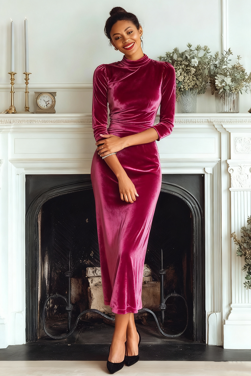 Laden Sie das Bild in den Galerie-Viewer, Dunkelgrün Samt Hochgeschlossener Ausschnitt Etuikleid Langes Festliches Kleid mit Ärmeln
