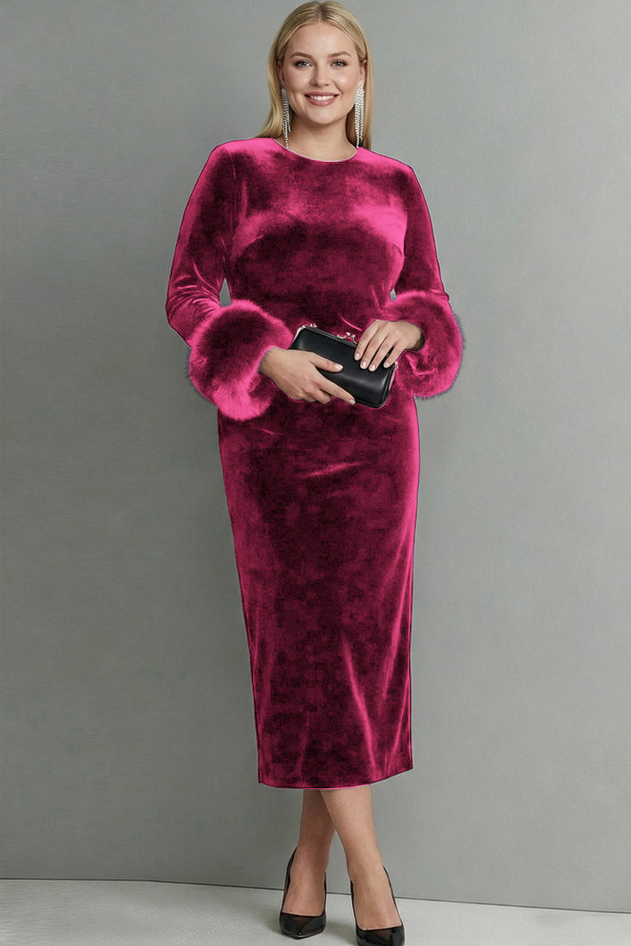 Laden Sie das Bild in den Galerie-Viewer, Dunkelblau Samt Etuikleid Langes Festliches Kleid mit Ärmeln