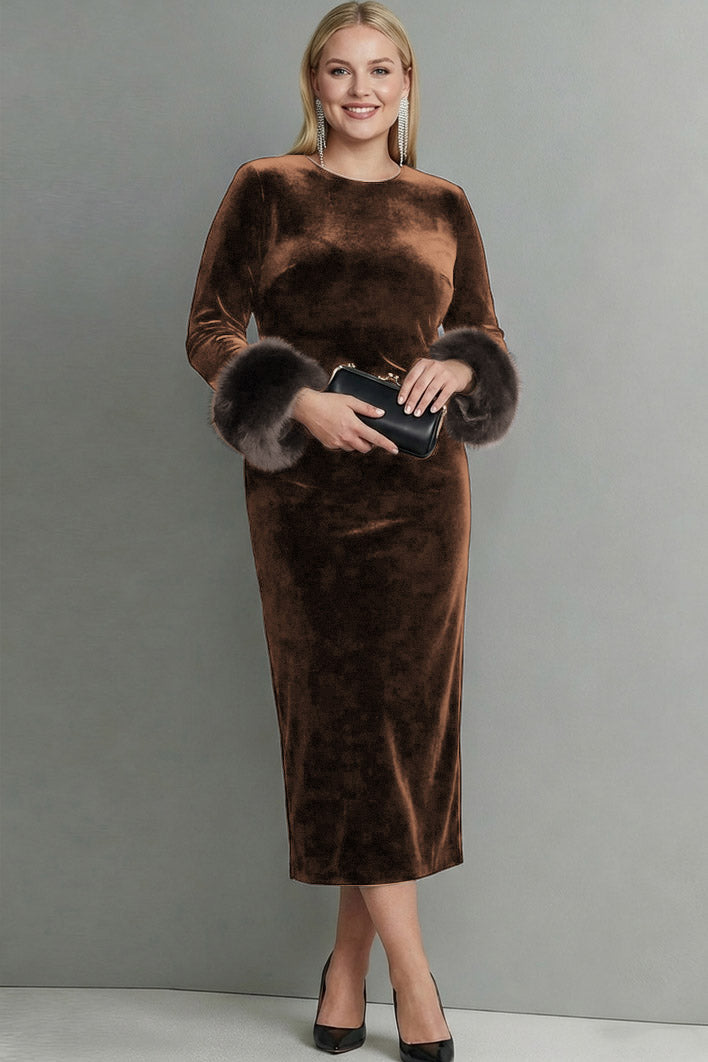 Laden Sie das Bild in den Galerie-Viewer, Dunkelblau Samt Etuikleid Langes Festliches Kleid mit Ärmeln