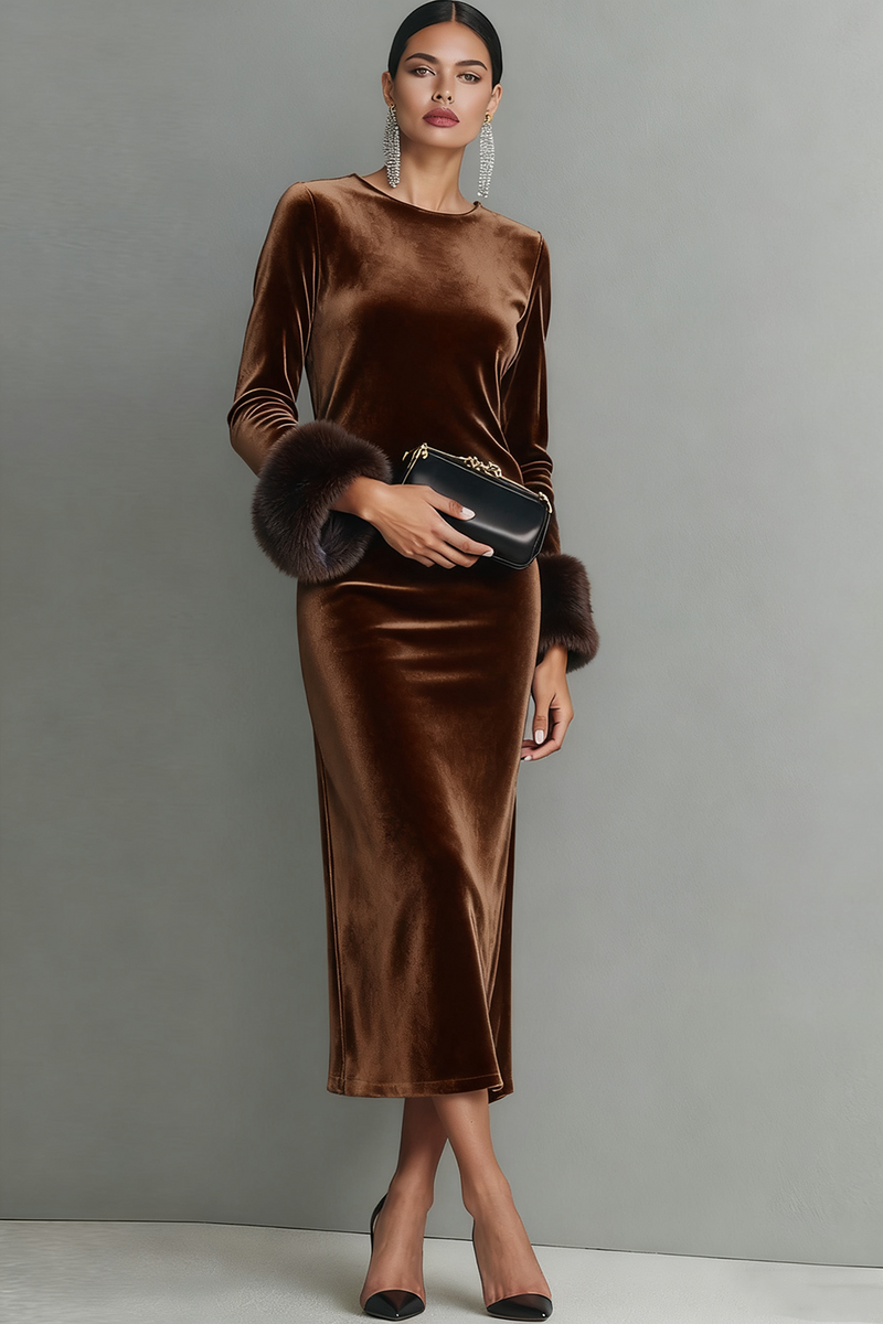 Laden Sie das Bild in den Galerie-Viewer, Dunkelblau Samt Etuikleid Langes Festliches Kleid mit Ärmeln