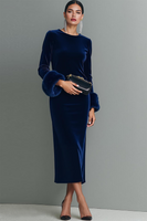 Laden Sie das Bild in den Galerie-Viewer, Dunkelblau Samt Etuikleid Langes Festliches Kleid mit Ärmeln