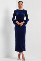Laden Sie das Bild in den Galerie-Viewer, Dunkelblau Samt Etuikleid Langes Festliches Kleid mit Ärmeln