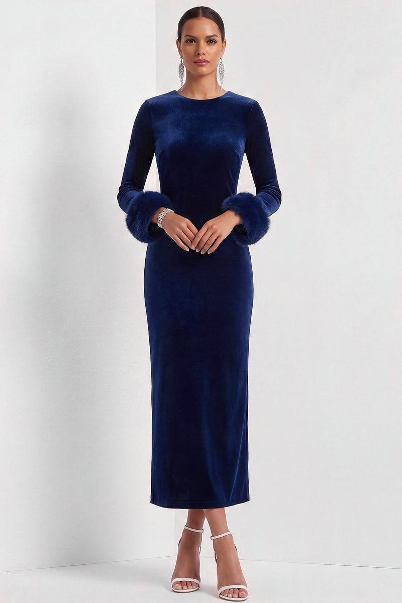Laden Sie das Bild in den Galerie-Viewer, Dunkelblau Samt Etuikleid Langes Festliches Kleid mit Ärmeln