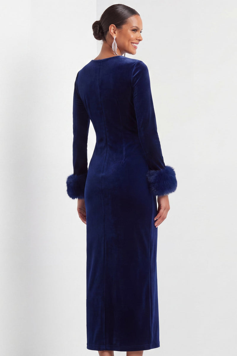 Laden Sie das Bild in den Galerie-Viewer, Dunkelblau Samt Etuikleid Langes Festliches Kleid mit Ärmeln