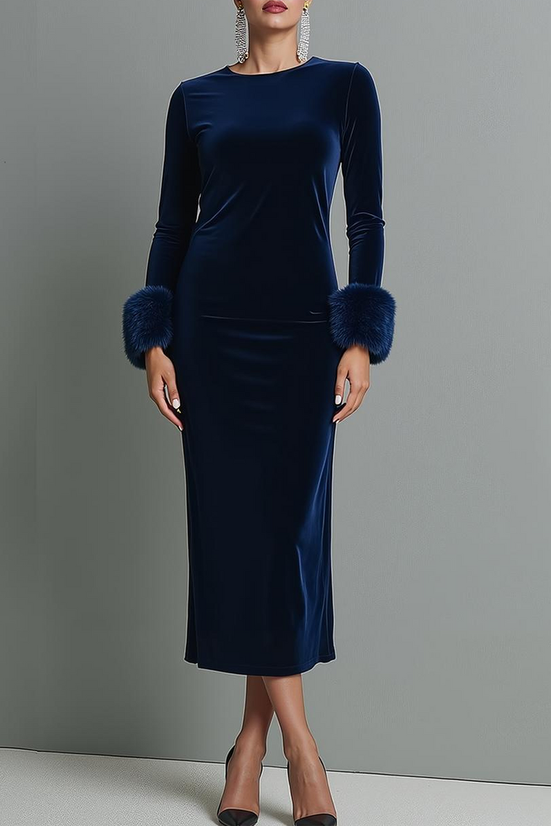 Laden Sie das Bild in den Galerie-Viewer, Dunkelblau Samt Etuikleid Langes Festliches Kleid mit Ärmeln