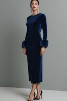 Laden Sie das Bild in den Galerie-Viewer, Dunkelblau Samt Etuikleid Langes Festliches Kleid mit Ärmeln