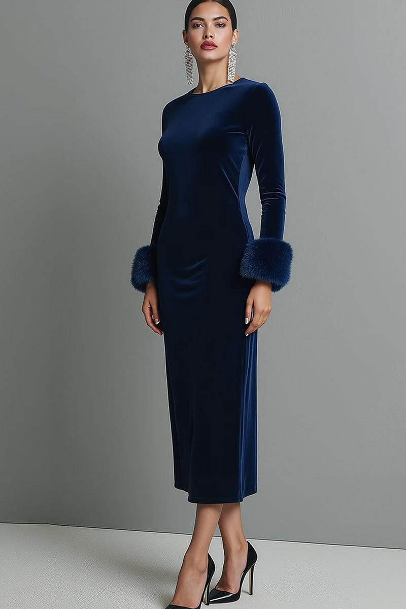 Laden Sie das Bild in den Galerie-Viewer, Dunkelblau Samt Etuikleid Langes Festliches Kleid mit Ärmeln